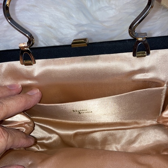 BOBBIE JEROME blk evening bag, sz. on pics, 1 spot, gold handle option. $15 - Picture 7 of 8